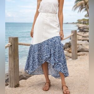 Studio West White & Blue Paisley Asymmetrical Midi Skirt XL NWT